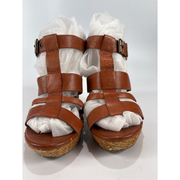 Jessica Simpson Heels Brown Leather Woven Wedge Sandals Size 8 - Picture 3 of 13